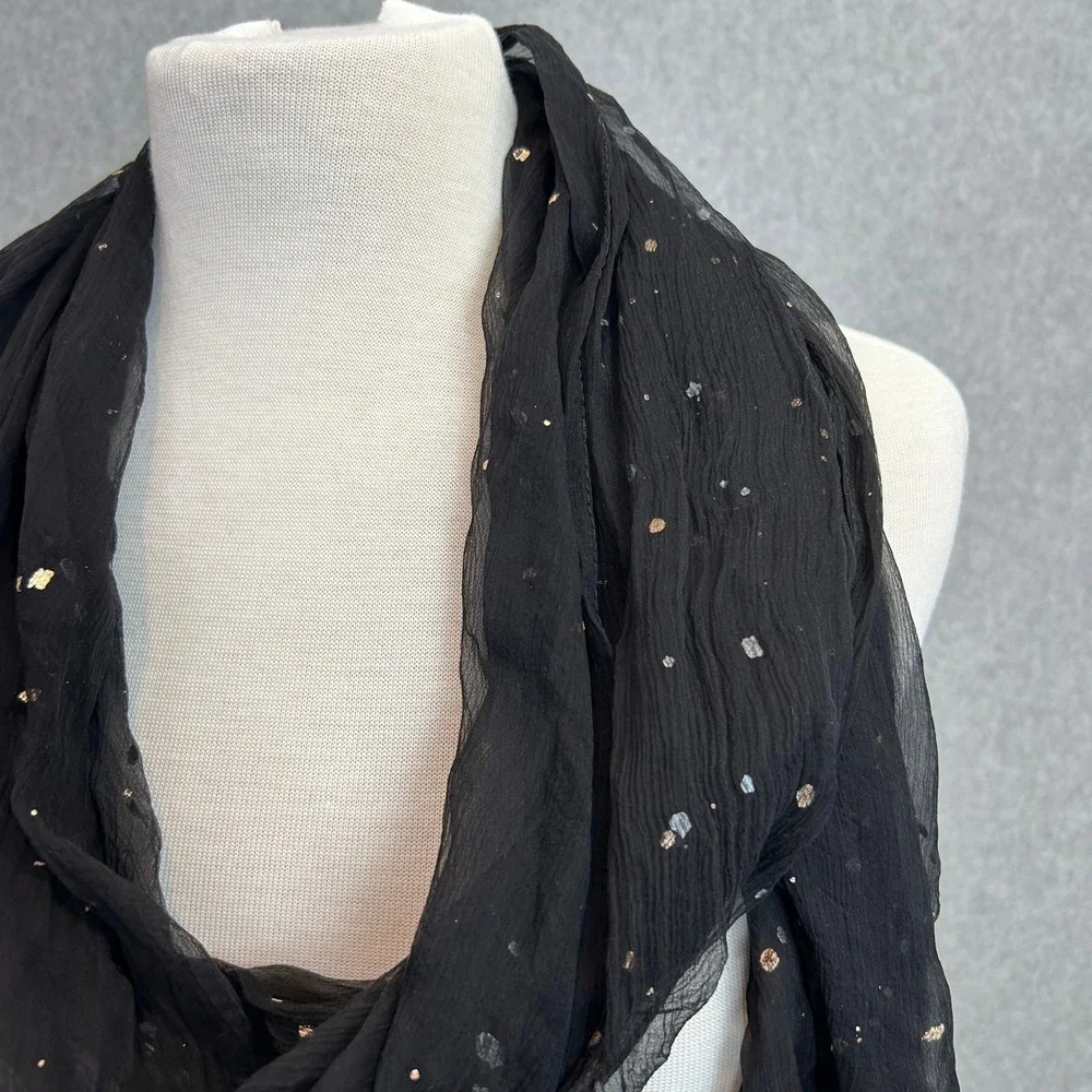 Eileen Fisher Sheer Silk Scarf Black Foil Sprinkled Crinkle Silk Gold Silver NEW